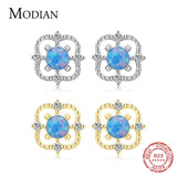925 Silver Hollow Out Line Opal Stud Earrings Fine Jewelry