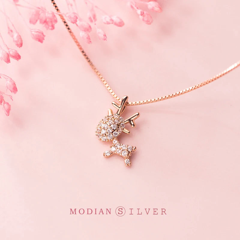 Zircon Elk Pendant Necklace 925 Silver Gift