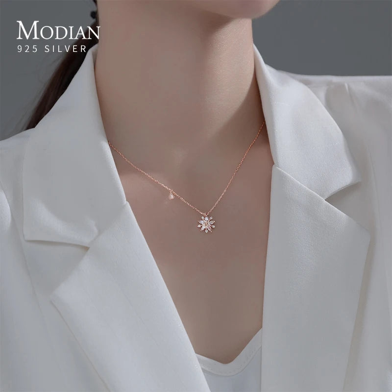 925 Sterling Silver CZ Snowflake Necklace Rose Pendant