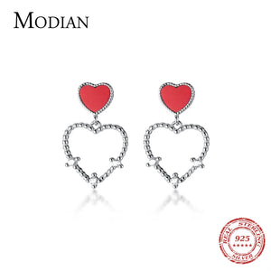 Zircon Hearts Dangle Earring 925 Silver Red Enamel Love Drop Fine Jewelry