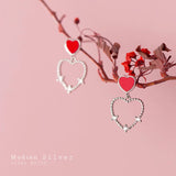 Zircon Hearts Dangle Earring 925 Silver Red Enamel Love Drop Fine Jewelry