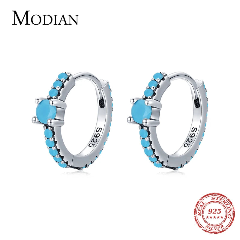 Vintage Turquoise Hoop Earrings 925 Sterling Silver Women Wedding Jewelry
