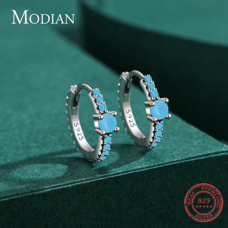 Vintage Turquoise Hoop Earrings 925 Sterling Silver Women Wedding Jewelry