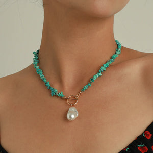MODOMA Pearl Pendants Turquoise Choker Necklace Vintage Ladies Jewelry