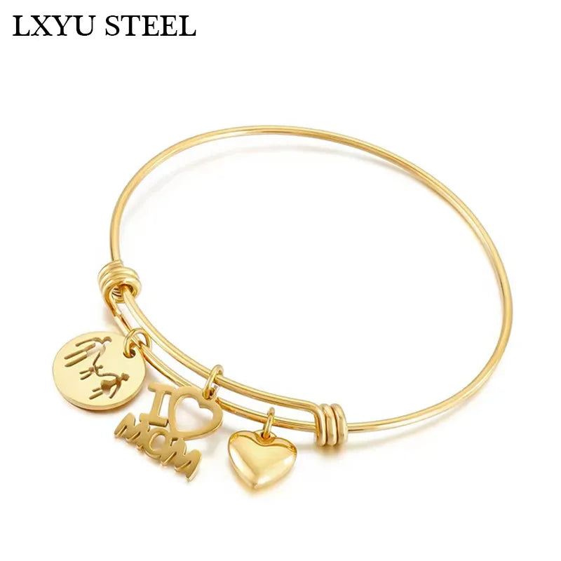 MOM Love Female Bangle Bracelets Stainless Steel Heart Charm