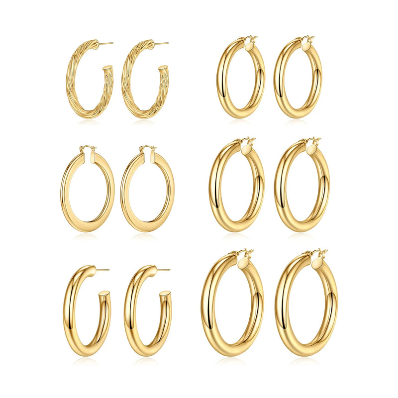 Chunky Hypoallergenic Hoop Earrings Set, Silver Plated 3-6 Pairs