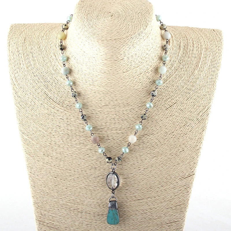 Natural Stone & Glass Crystal Pendant Choker Necklace for Women