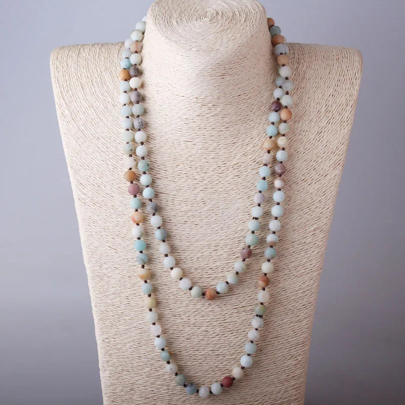 Frosted Amazonite Stones Necklace with Knot Beads