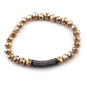 Brown Beige Crystal Strand Bracelet with Hematite Zircon Bar