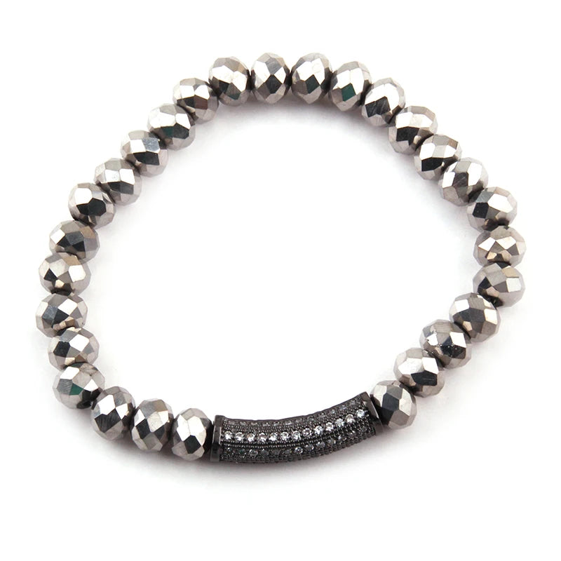 Brown Beige Crystal Strand Bracelet with Hematite Zircon Bar