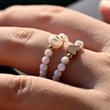 Initial Heart Ring Mother of Pearl Beads Elastic Finger Jewelry