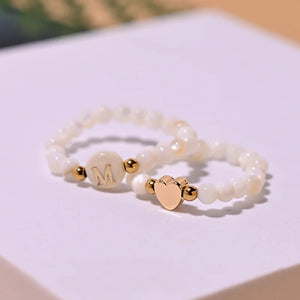 Initial Heart Ring Mother of Pearl Beads Elastic Finger Jewelry