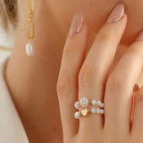 Initial Heart Ring Mother of Pearl Beads Elastic Finger Jewelry