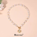 MOON GIRL Crystal Beads Choker Necklace Women Stainless Steel Pendant Jewelry