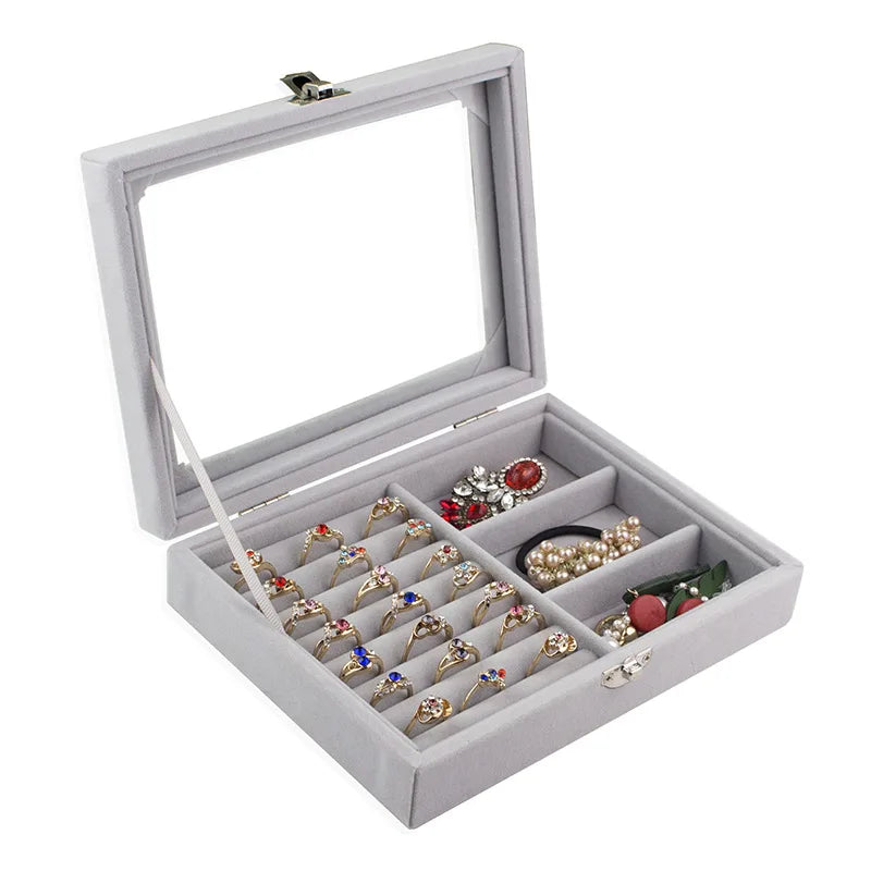 Vintage Velvet Jewelry Box - Glass Cover Display Storage