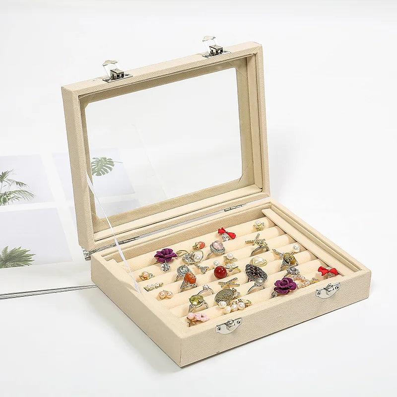 Vintage Velvet Jewelry Box - Glass Cover Display Storage
