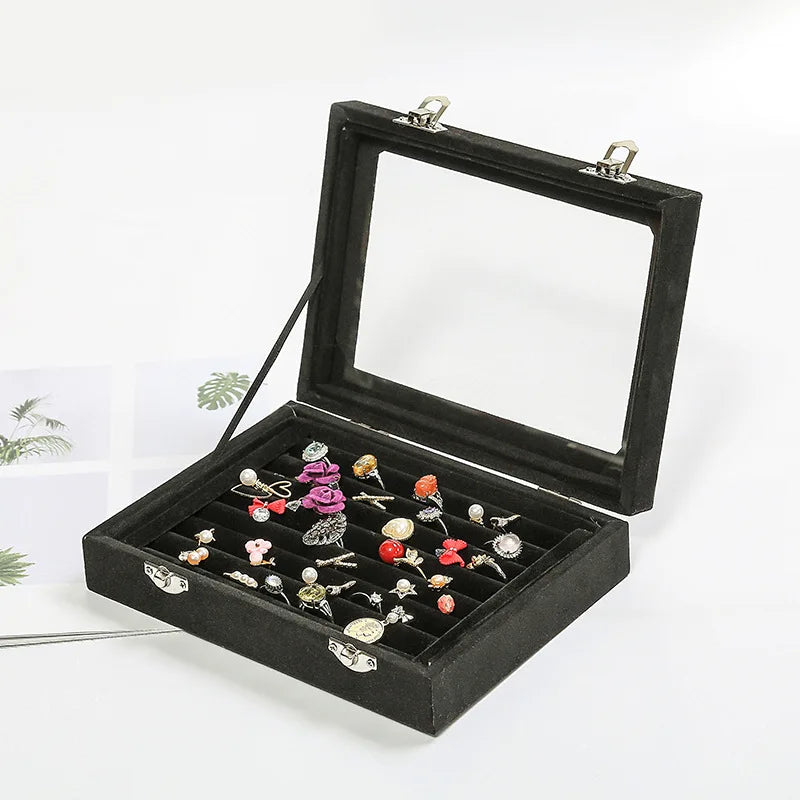Vintage Velvet Jewelry Box - Glass Cover Display Storage