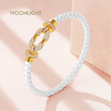 Women's Metal Braided Leather Bracelet with CZ