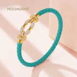 Women's Metal Braided Leather Bracelet with CZ