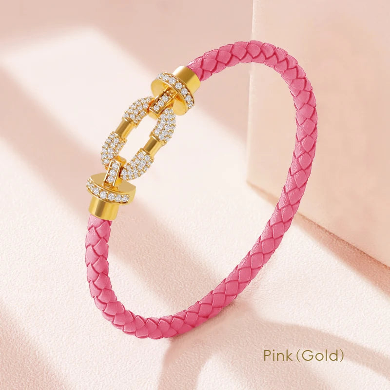 Women's Metal Braided Leather Bracelet with CZ