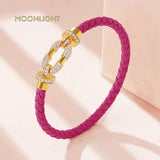 Women's Metal Braided Leather Bracelet with CZ