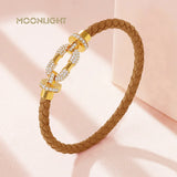 Women's Metal Braided Leather Bracelet with CZ