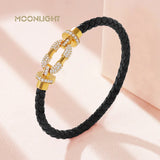 Women's Metal Braided Leather Bracelet with CZ