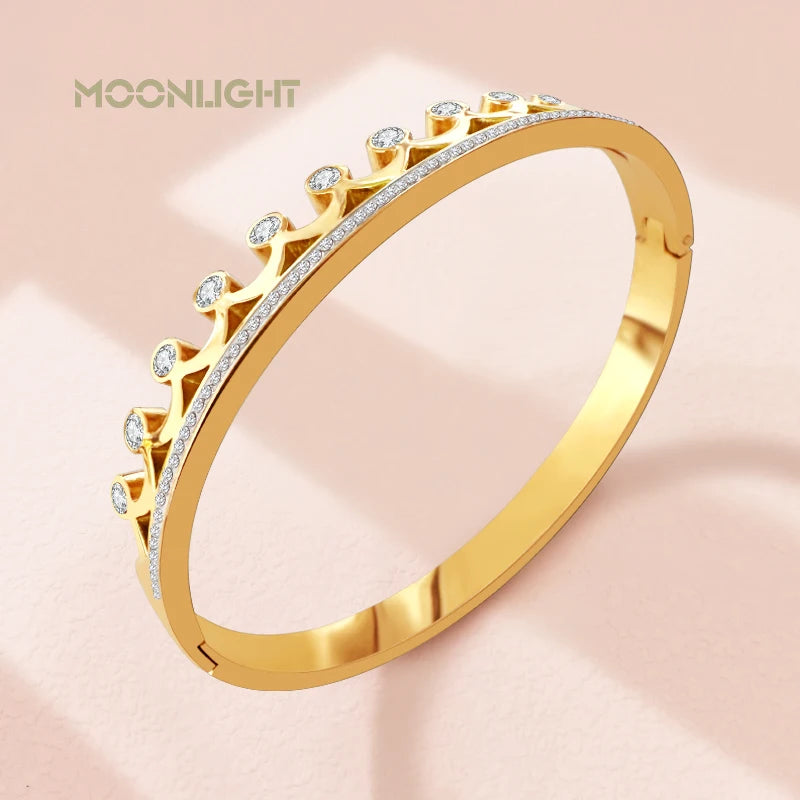 MOONLIGHT Golden Crown Titanium Steel Bangle Cubic Zirconia Bracelet