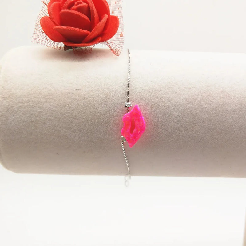 Love Kiss Lip Opal Bracelet with 925 Sterling Silver Chain
