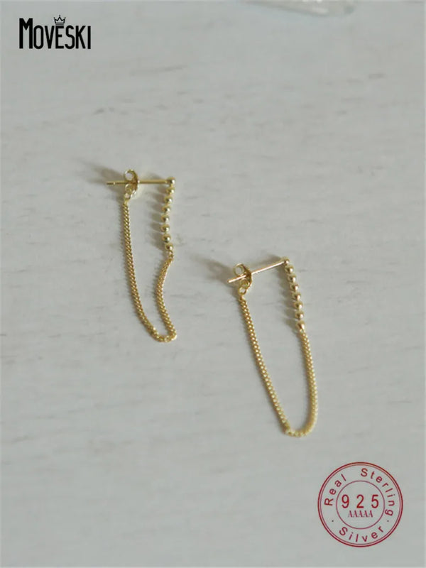 925 Silver Tassel Chain Stud Earrings Women Jewelry