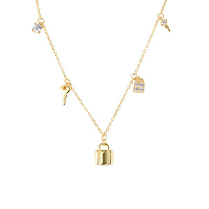 925 Silver Key Lock Zircon Necklace Vintage Jewelry