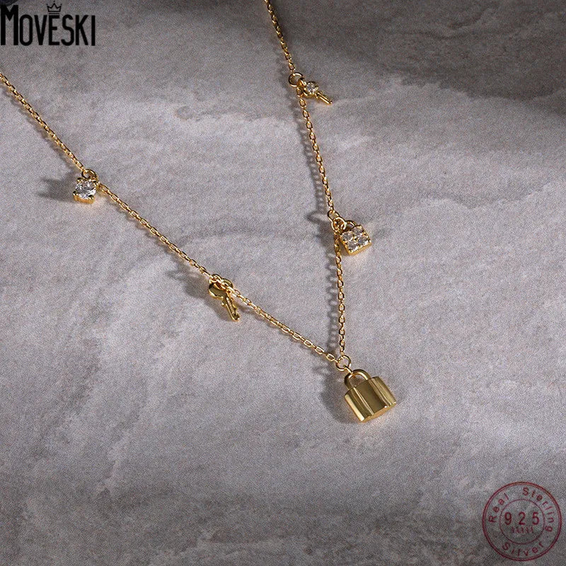925 Silver Key Lock Zircon Necklace Vintage Jewelry
