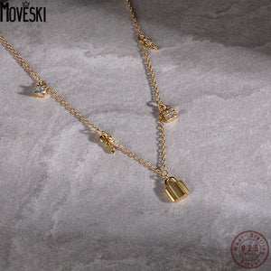 925 Silver Key Lock Zircon Necklace Vintage Jewelry