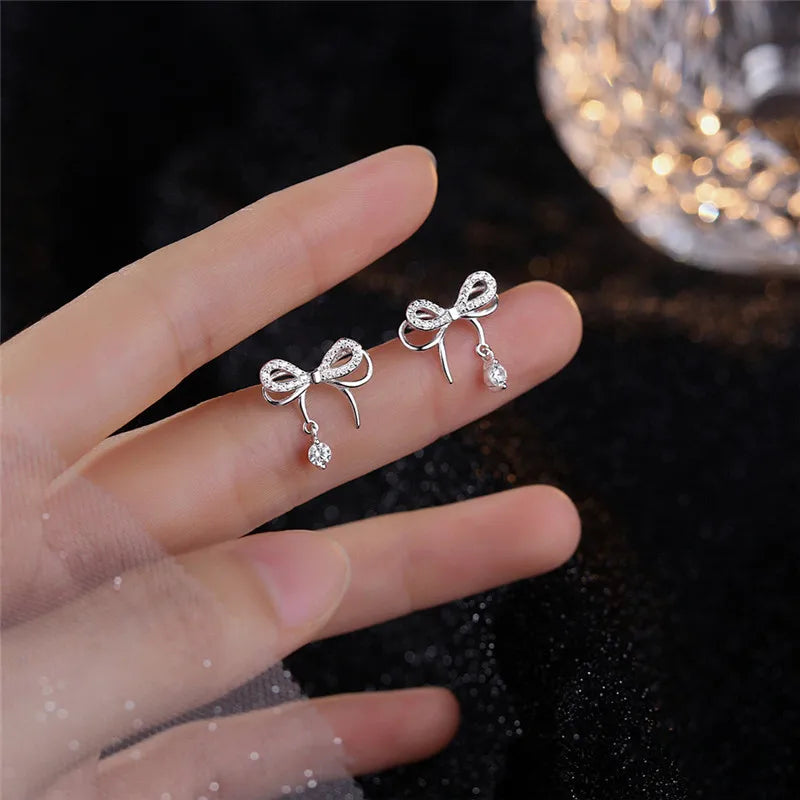 925 Silver Double Bow Pave Zircon Stud Earrings