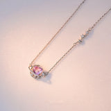 925 Silver Pink Crystal Moon Heart Pendant Necklace Sweet Banquet Jewelry