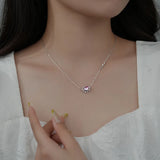 925 Silver Pink Crystal Moon Heart Pendant Necklace Sweet Banquet Jewelry