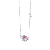 925 Silver Pink Crystal Moon Heart Pendant Necklace Sweet Banquet Jewelry