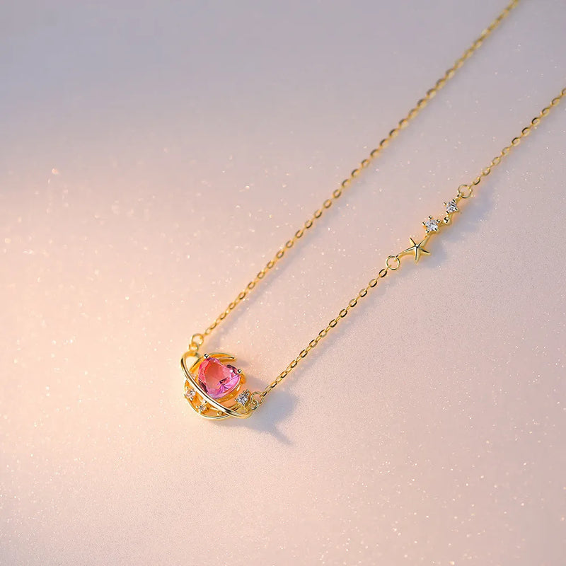 925 Silver Pink Crystal Moon Heart Pendant Necklace Sweet Banquet Jewelry