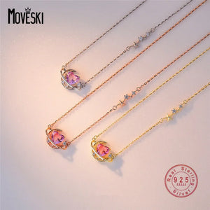925 Silver Pink Crystal Moon Heart Pendant Necklace Sweet Banquet Jewelry