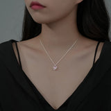 925 Silver Pink Zircon Heart Pendant Necklace Glamour Party Jewelry