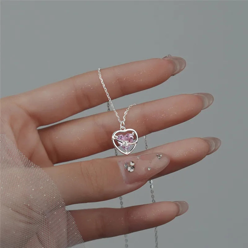 925 Silver Pink Zircon Heart Pendant Necklace Glamour Party Jewelry