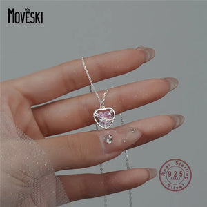 925 Silver Pink Zircon Heart Pendant Necklace Glamour Party Jewelry