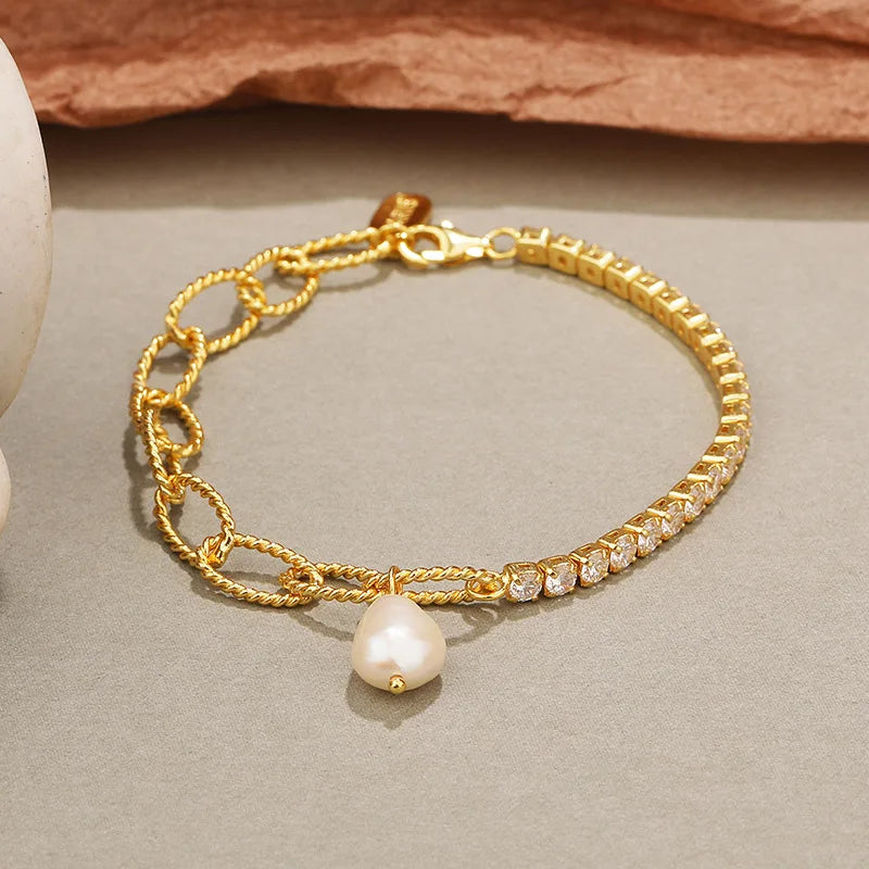 925 Silver Baroque Pearl Zircon Bracelet Women