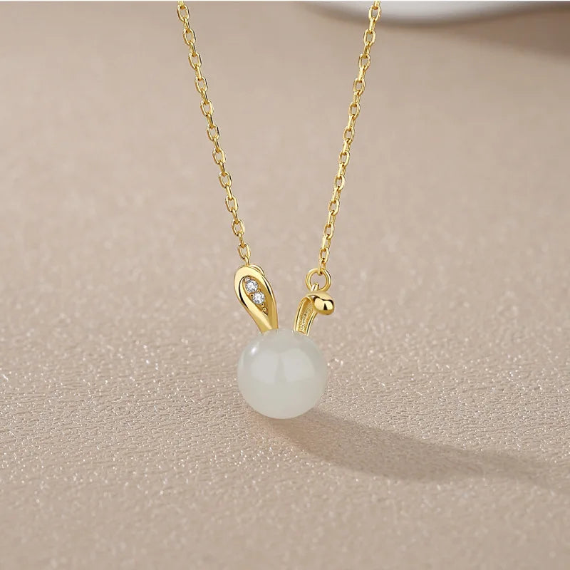 S925 Silver Hetian Jade Rabbit Pendant Necklace, Luxury High Jewelry