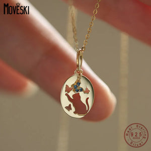 925 Sterling Silver Cat Pendant Necklace with Zircon Butterfly