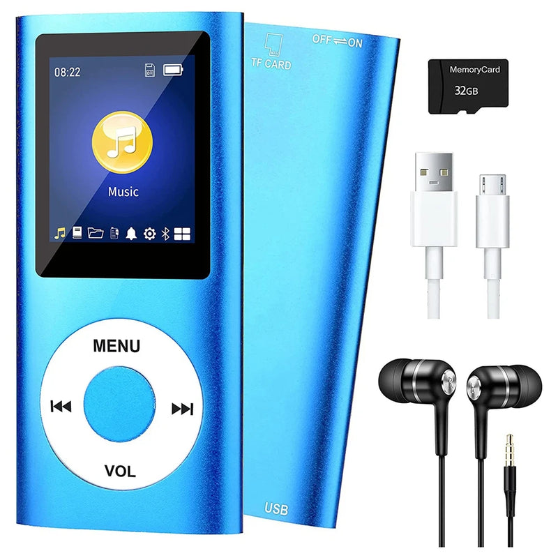 Bluetooth 5.0 MP3 Player 32GB TF Card FM Earphone Portable HiFi (Blue)