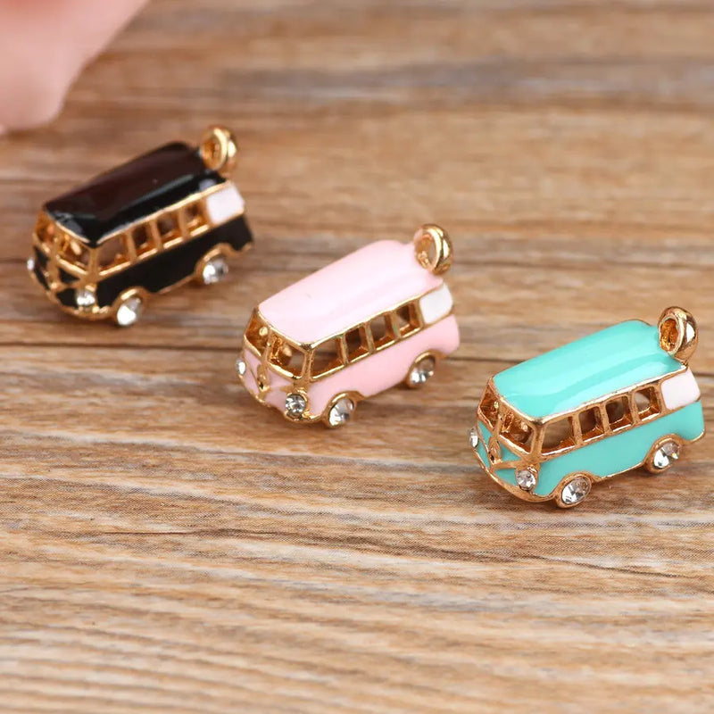 5PCS Lucky Happiness Bus Enamel Pendant Charms DIY Bracelet Floating Charms