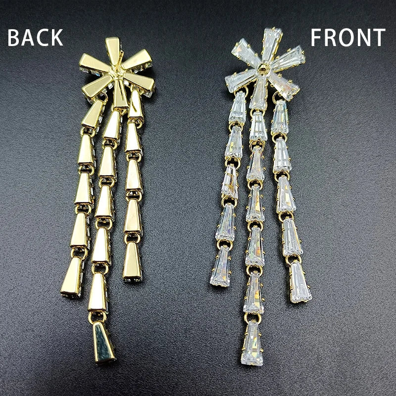 Small Flower Tassel Dangle Earrings Long Silver Cubic Zirconia Eardrop