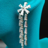 Small Flower Tassel Dangle Earrings Long Silver Cubic Zirconia Eardrop