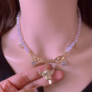 Metal Letters Angel Crystal Pendant Necklace for Women